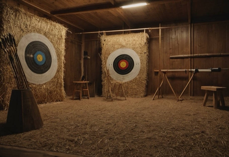 Indoor archery range with target bales down the shooting lanes