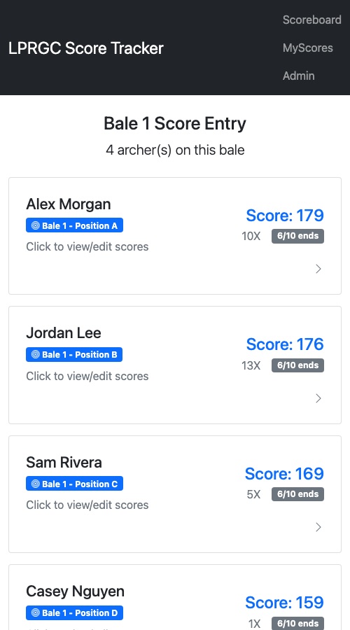 Mobile score entry: the bale view listing each archer's running score