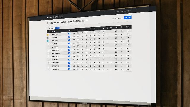 The ArcheryScores live scoreboard on a clubhouse television, showing a league night leaderboard